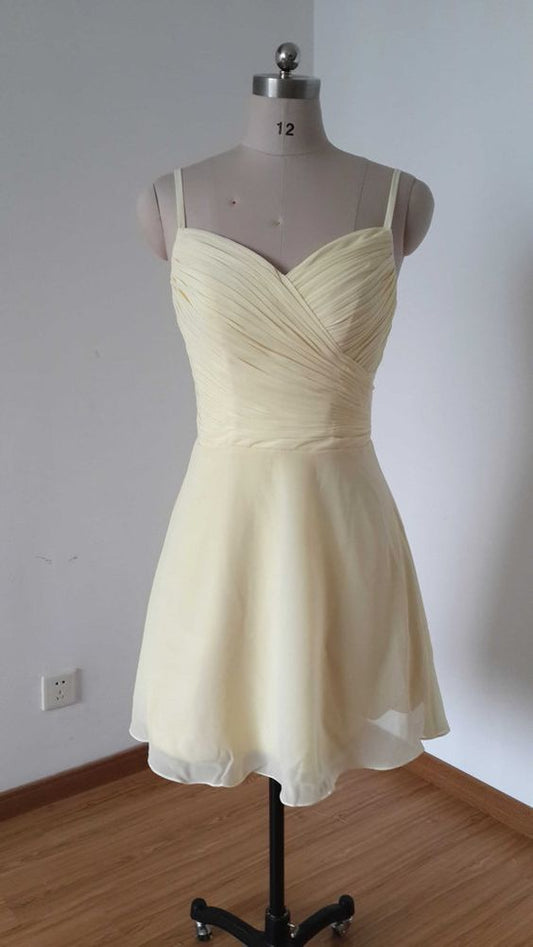 Spaghettiträger Creme Chiffon Kurzes Brautjungfernkleid Homecoming Kleider cg10671