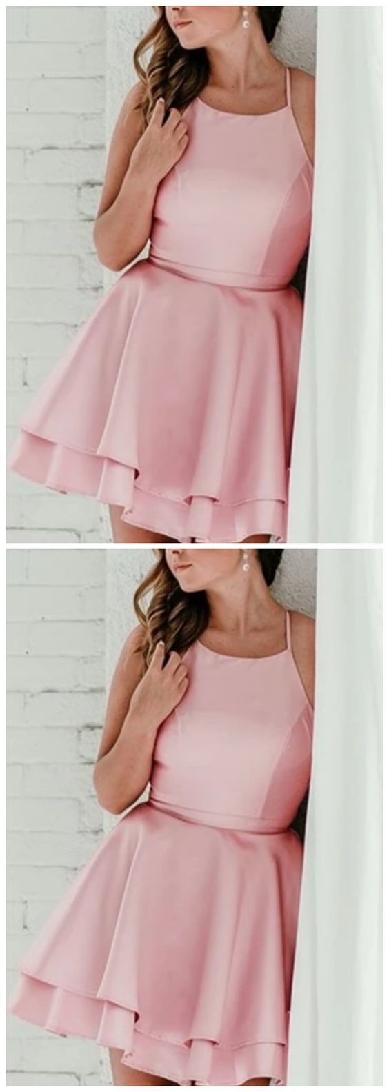 A Line Sleeveless Knee Length Pink Short Homecoming Dress With Tiered cg10673