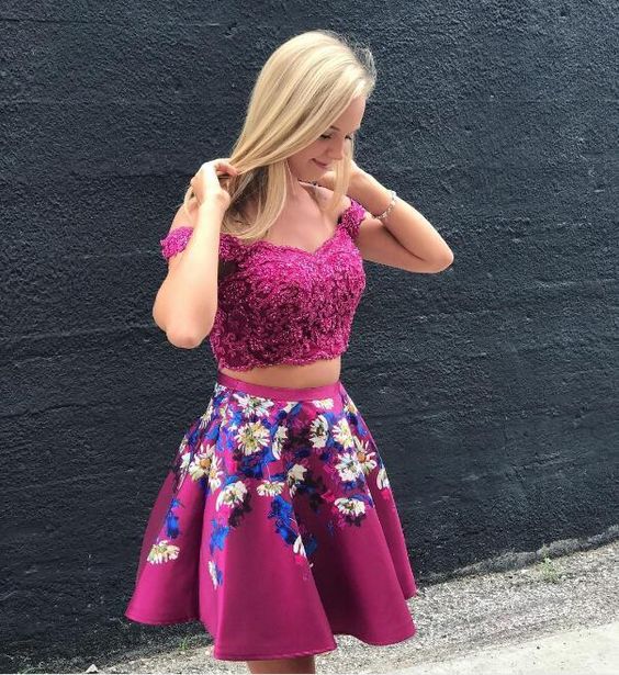 Sexy Off the Shoulder Short Fuchsia Two Piece Floral Homecoming Dresses for Junior cg10688