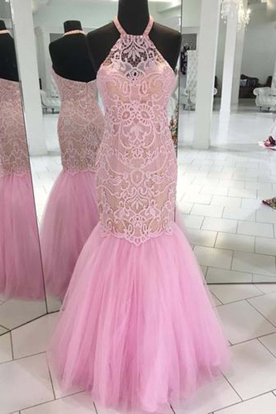 Pink tulle lace halter mermaid dresses,formal dresses for prom cg10695