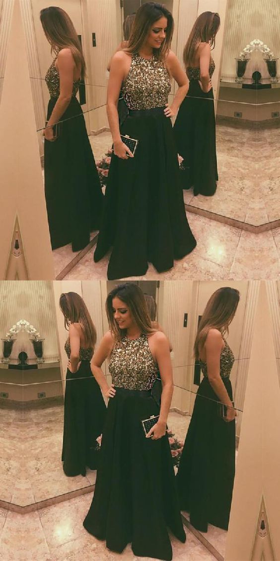 Long Evening Dresses Stunning Sequins Beaded Halter Satin Prom Dresses cg10701
