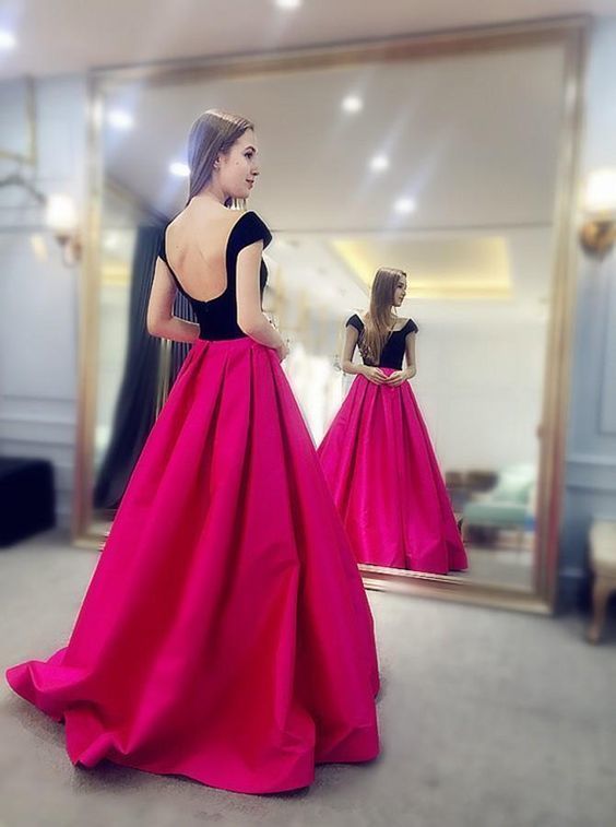 A-Line Square Cap Sleeves Backless Sweep Train Fuchsia Prom Dress cg10703