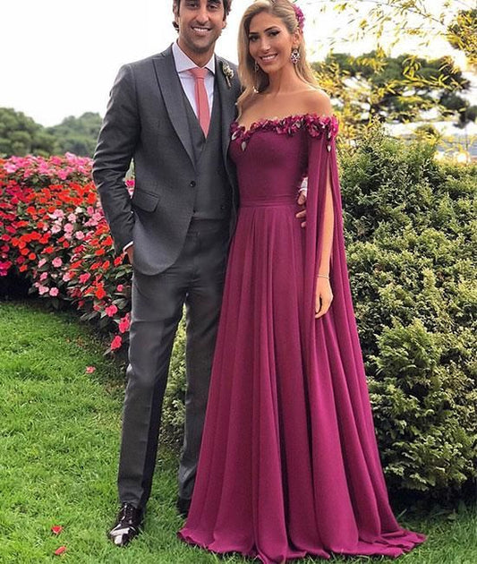 2019 Chic Grape Off The Shoulder lange billige Ball- und Abendkleider cg1071