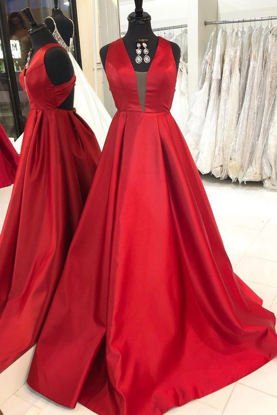 Charming V neck Satin Red Long Evening Dress prom dress cg10712