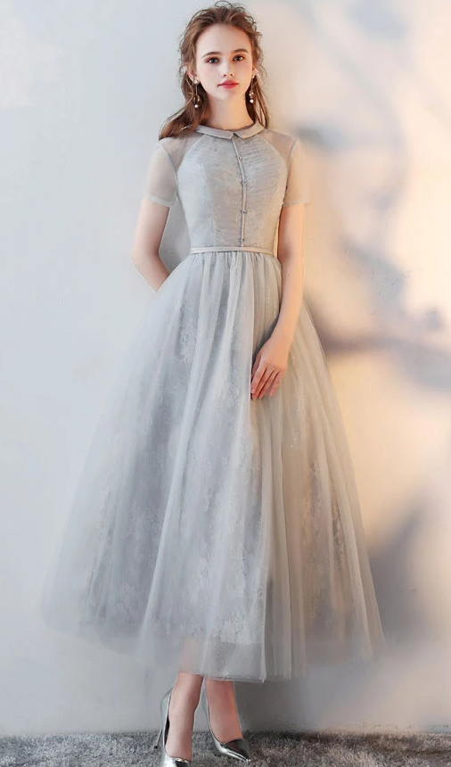 Gray tulle lace tea length prom dress gray tulle formal dress cg10718