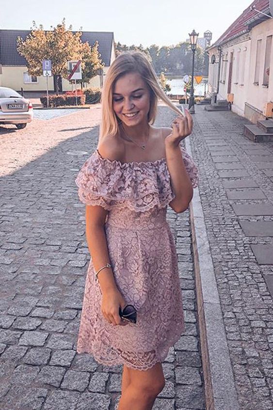 Elegant Sheath Off the Shoulder Blush Pink Short Sleeves Lace Homecoming Dresses cg10726