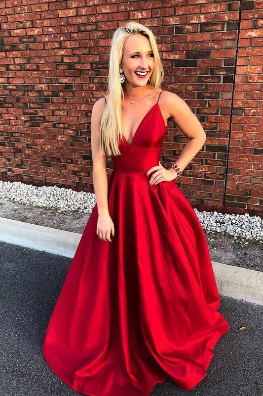 Einfache Träger A-Linie Rote Spaghettiträger V-Ausschnitt Langes Ballkleid cg1073