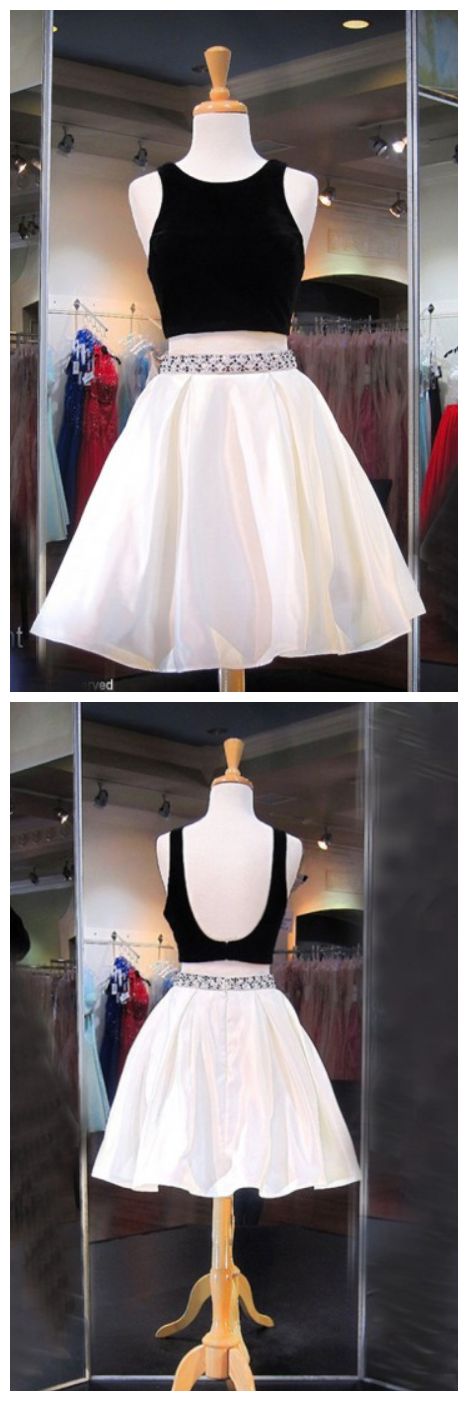 Two Piece Crew Knee-Length Backless Ivory Satin Homecoming Dress with Beading cg10732