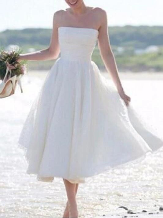 Simple A-Line Off-The-Shoulder Pleated Bridal Dresses,Cheap Tea-length   classygown