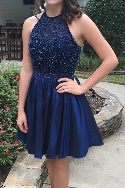 Blue Halter Homecoming Dresses, Sequins Beading Short cg10746