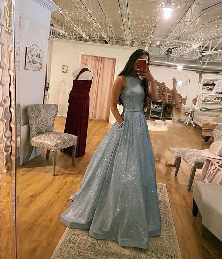 SHINY BLUE A LINE LONG PROM DRESS EVENING DRESS cg10759