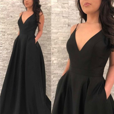 Schwarzes Ballkleid, Günstiges Ballkleid, V-Ausschnitt Ballkleid, Langes Ballkleid Abschlusskleid, Elegantes Ballkleid mit Taschen cg1078
