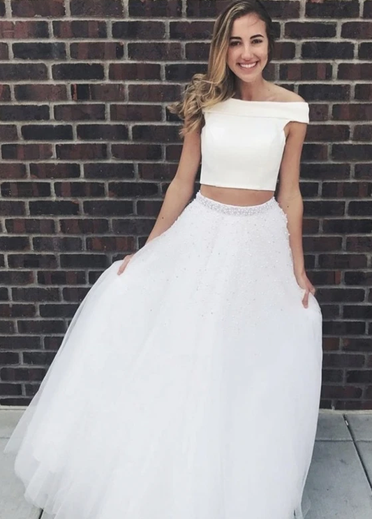Weißes Tüll-Ballkleid, zweiteiliges Abendkleid, cg10785