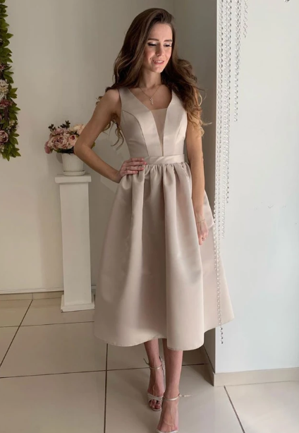 Schlichtes Satin-Brautjungfernkleid mit V-Ausschnitt, Teelänge, Ballkleid cg10788