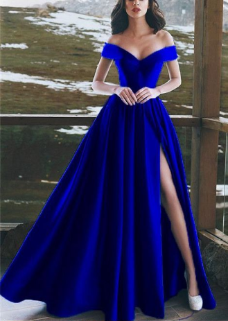 Elegantes V-Ausschnitt Off The Shoulder Langes Satin Königsblaues Ballkleid cg1081