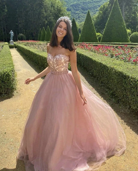 Pink tulle lace long prom dress evening dress cg10814