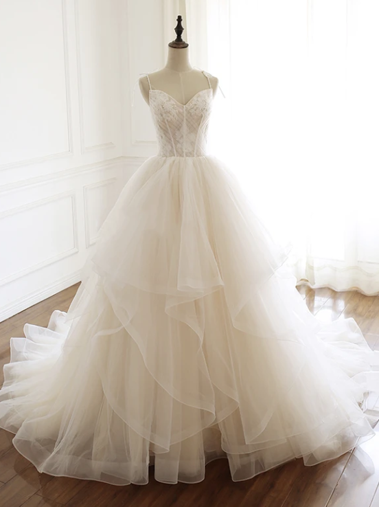 Champagne tulle lace long ball prom dress cg10816