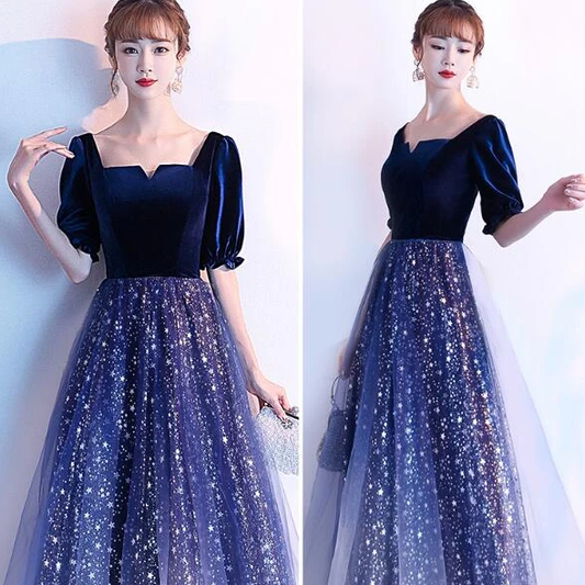 Marineblaues langes Brautjungfernkleid aus glänzendem Tüll und Samt, Hochzeitsparty-Abschlussballkleid cg10818