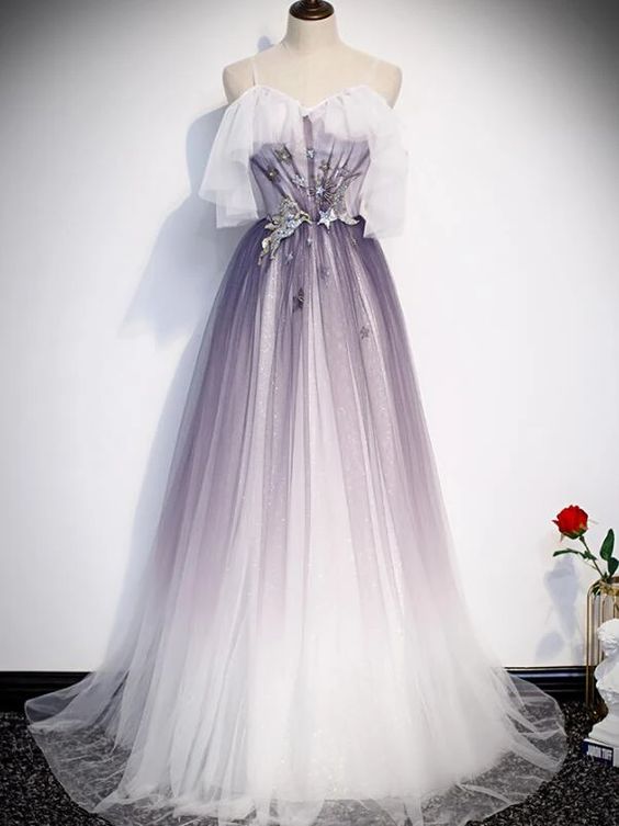 Beautiful Purple Tulle A-line Long Party prom Dress, Gradient Formal Gown cg10826