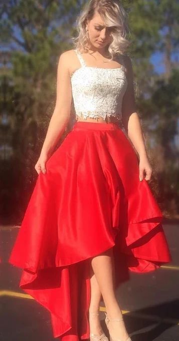 Charming High Low Two Piece Prom Dress, Red Appliques Evening Party Dress cg10828