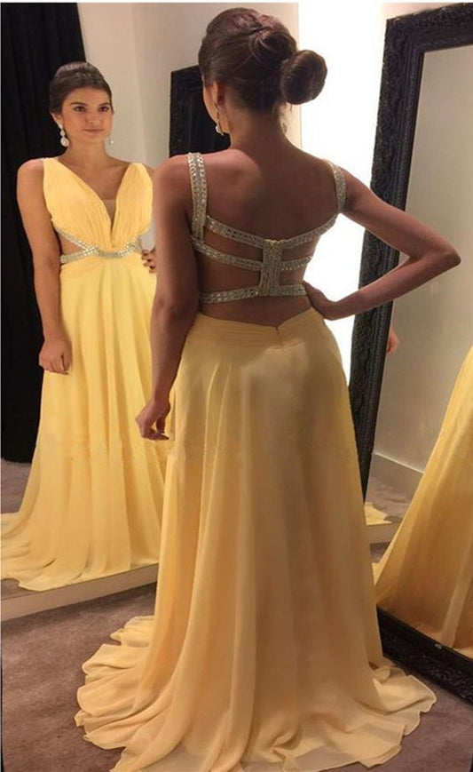 Gelbes Ballkleid, offenes Rückenkleid cg10832