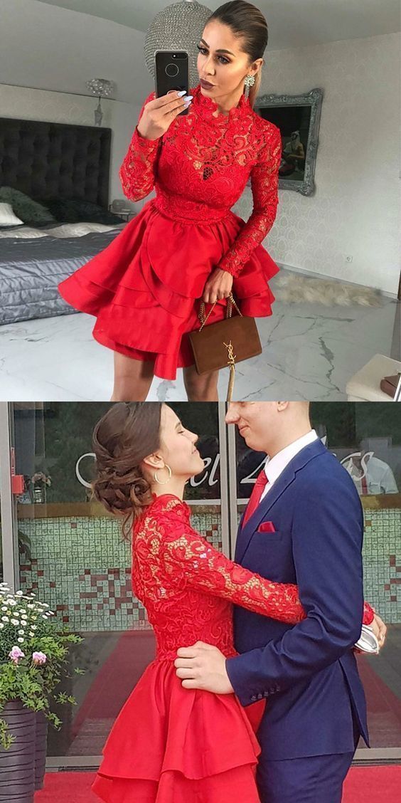 A-Line High Neck Long Sleeves Red Satin Homecoming Dress with Lace cg10833