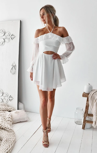 SIMPLE WHITE CHIFFON SHORT DRESS WHITE CUTE SUMMER DRESS Homecoming Dress cg10847