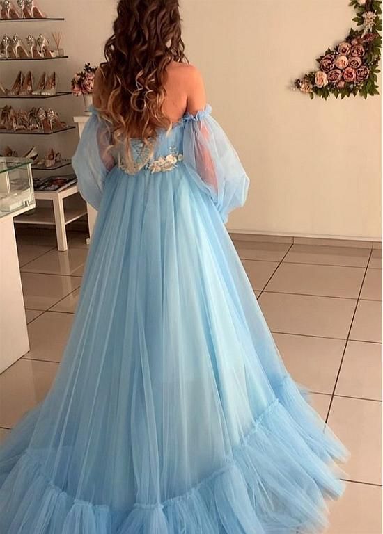 Modest Tulle Off-the-shoulder Neckline Floor-length A-line Prom Dresses With Lace Appliques cg10851