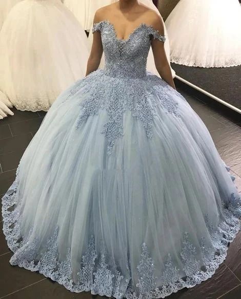 Blue Tulle Appliques Quinceanera Dress Off Shoulder Ball Gown Prom Dresses cg10852