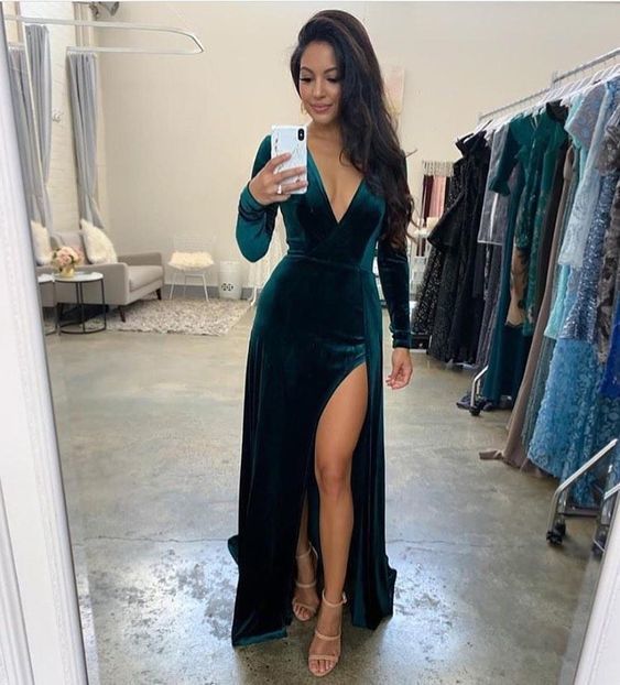 Hunter V-Neck Split Front Velvet Prom Evening Party Dress cg10872