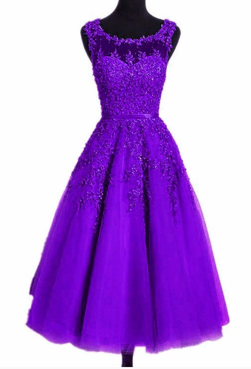 Beautiful Tea Length Purple Round Neckline Bridesmaid Dress, Lace Appplique Party Dress Homecoming dress cg10884