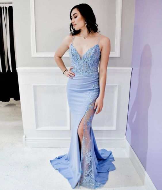 Sexy V-Ausschnitt Spaghettiträger Meerjungfrau Ballkleid, Spitzenschlitz Abendkleid cg10909