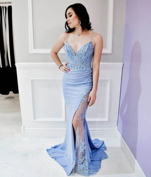 Sexy V-Ausschnitt Spaghettiträger Meerjungfrau Ballkleid, Spitzenschlitz Abendkleid cg10909