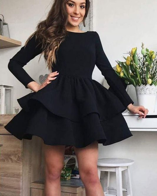 schlichtes schwarzes Satin-Homecoming-Kleid mit langen Ärmeln cg1091