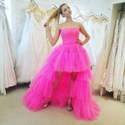 Charming Strapless Hot Pink Tulle Long Prom Dress, High low Evening Party Dress cg10917