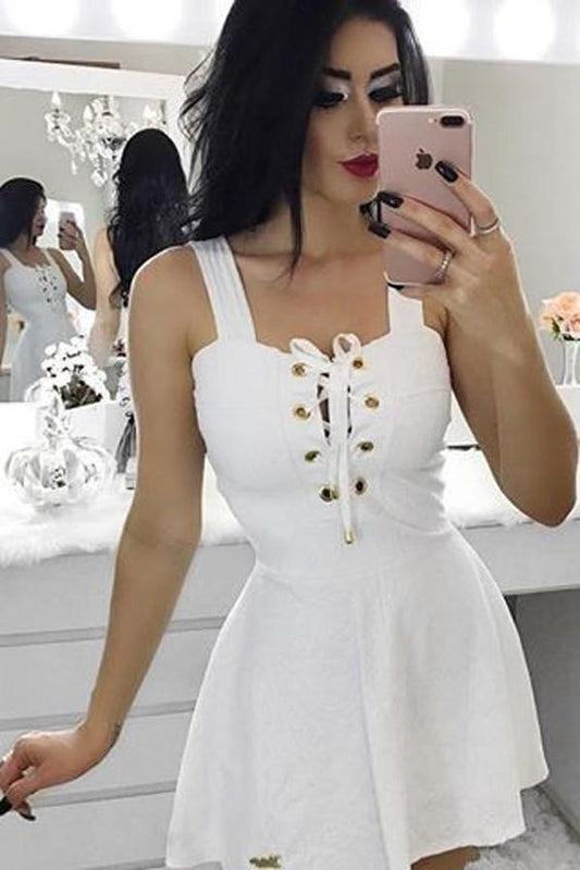 Weißes Satin Kurzes Homecoming-Kleid, A-Linie Quadratisches Homecoming-Kleid, Partykleid cg1094