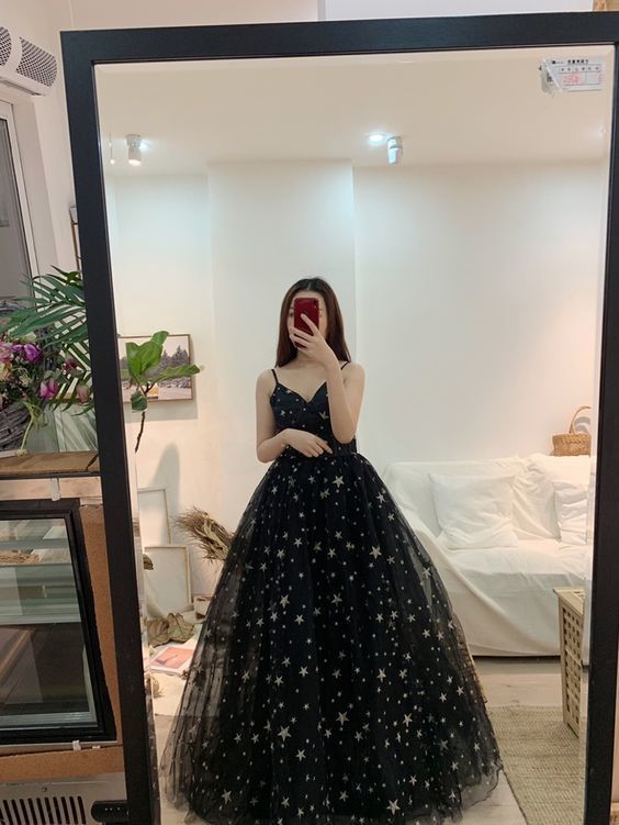 Sexy Black Prom Dresses A-Line / Princess Spaghetti Straps Sleeveless Star Embroidered Floor-Length cg10940