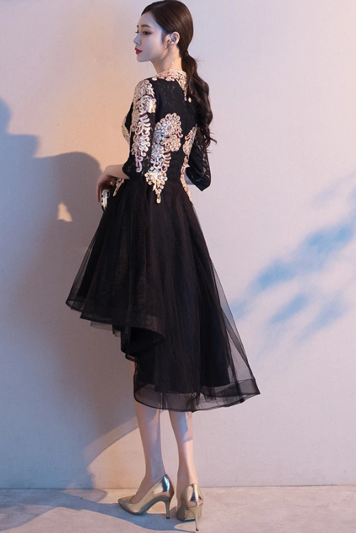 Black Tulle High Low Dress With Lace Applique, Short Wedding Party prom Dress cg10943