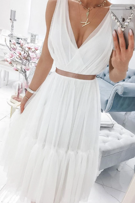 SIMPLE WHITE V NECK CHIFFON PROM DRESS WHITE TULLE FORMAL DRESS cg10946