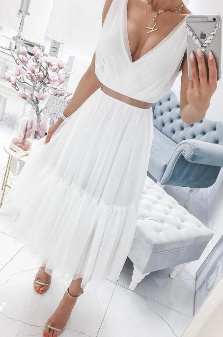 SIMPLE WHITE V NECK CHIFFON PROM DRESS WHITE TULLE FORMAL DRESS cg10946