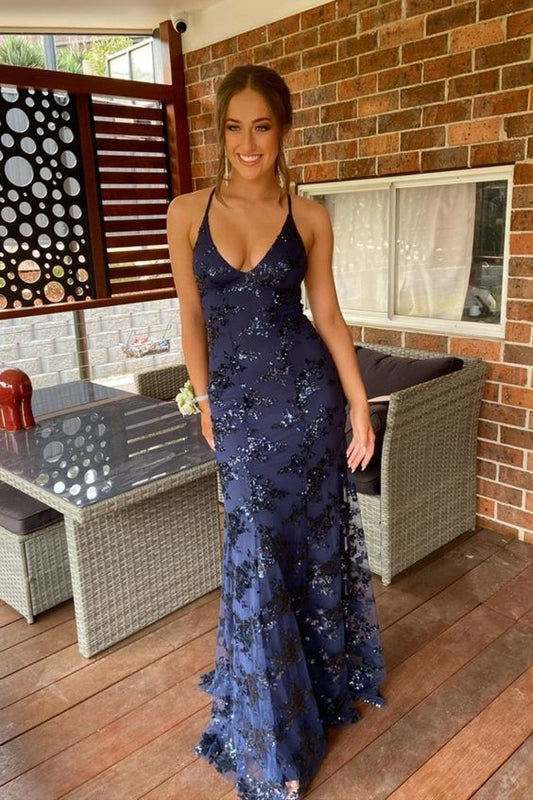 marineblaues, langes Ballkleid im Meerjungfrauen-Stil aus Tüll und Pailletten mit V-Ausschnitt und Schnürung am Rücken, cg10962
