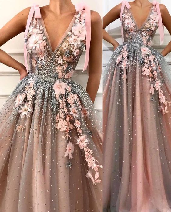 Embroidered Flowers Embellished And Beaded Nude Pink Long Evening Special Occasion Gown Prom Dress cg10969