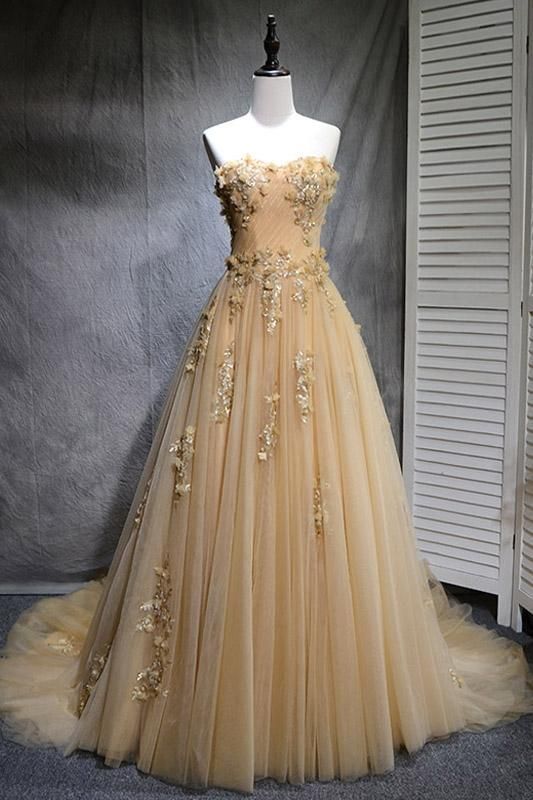Beautiful Champagne Tulle Party Dress, Long Handmade Prom Gowns cg10972