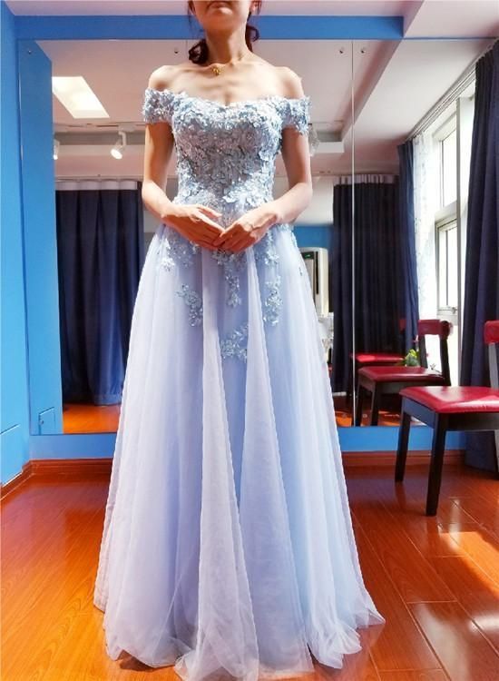 Beautiful Light Blue Off Shoulder Tulle A-line Long Party prom Dress cg10974