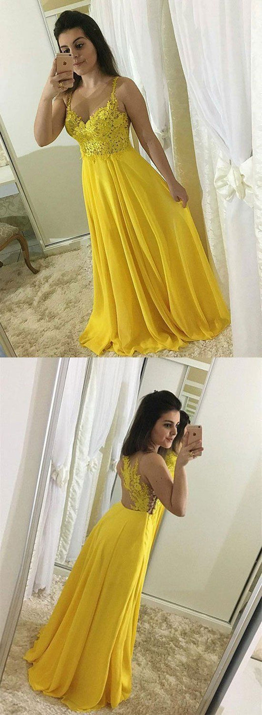 Gelbes langes Chiffon-Ballkleid aus Spitze, gelbes Abendkleid cg10978