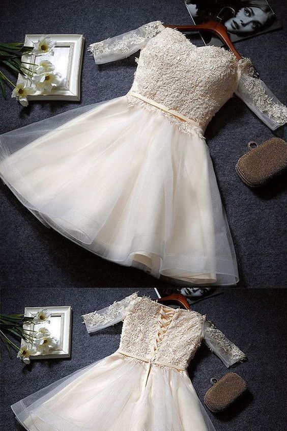Half Sleeve A Line Lace Short Dress,Tulle Homecoming Dresses cg10986