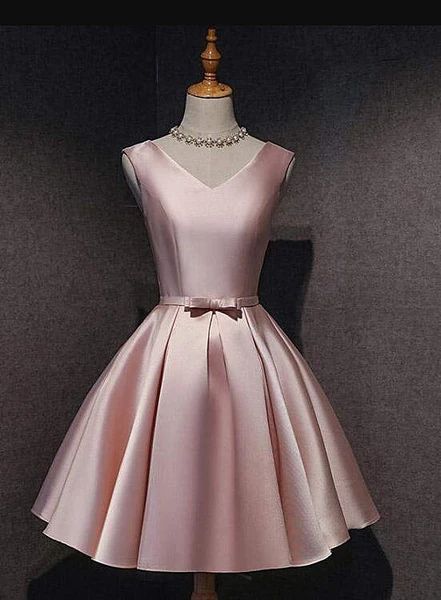 Lovely Dark Pink Short Satin V-neckline Party Dress, Pink Homecoming Dress cg10994
