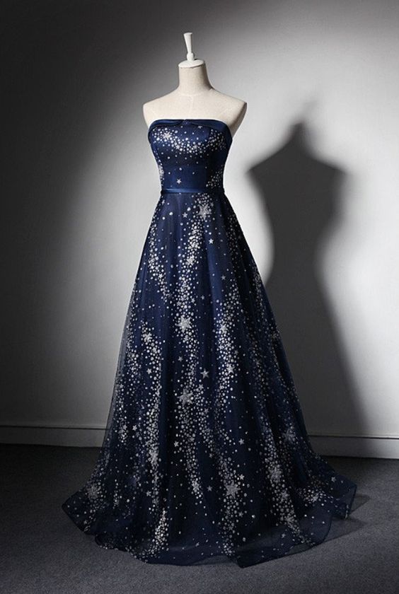 A Line Long Tulle Strapless Prom Dress With Star Sequins cg11000