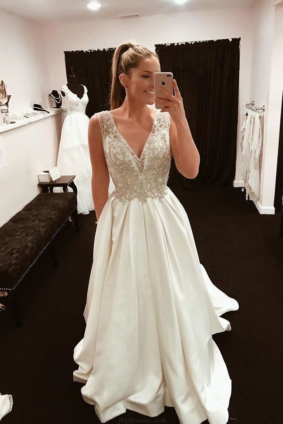 Elegant A-line V Neck Ivory Satin Long Party Dress Prom Dress cg11010