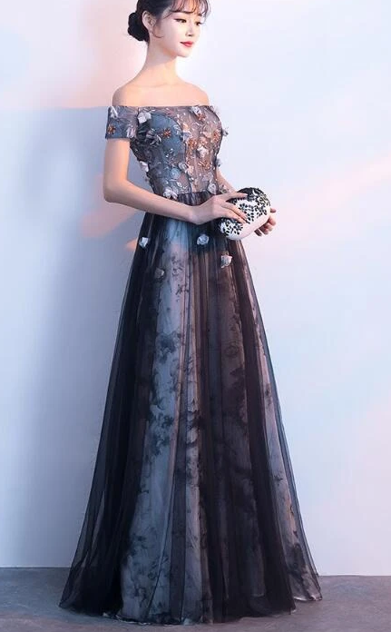 Beautiful Off Shoulder A-Line Tulle With Floral Lace Applique, Long Evening Dress cg11017